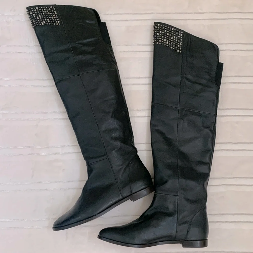 Candela Pirate Crush Studs Black Over the Knee High Tall Leather Boots